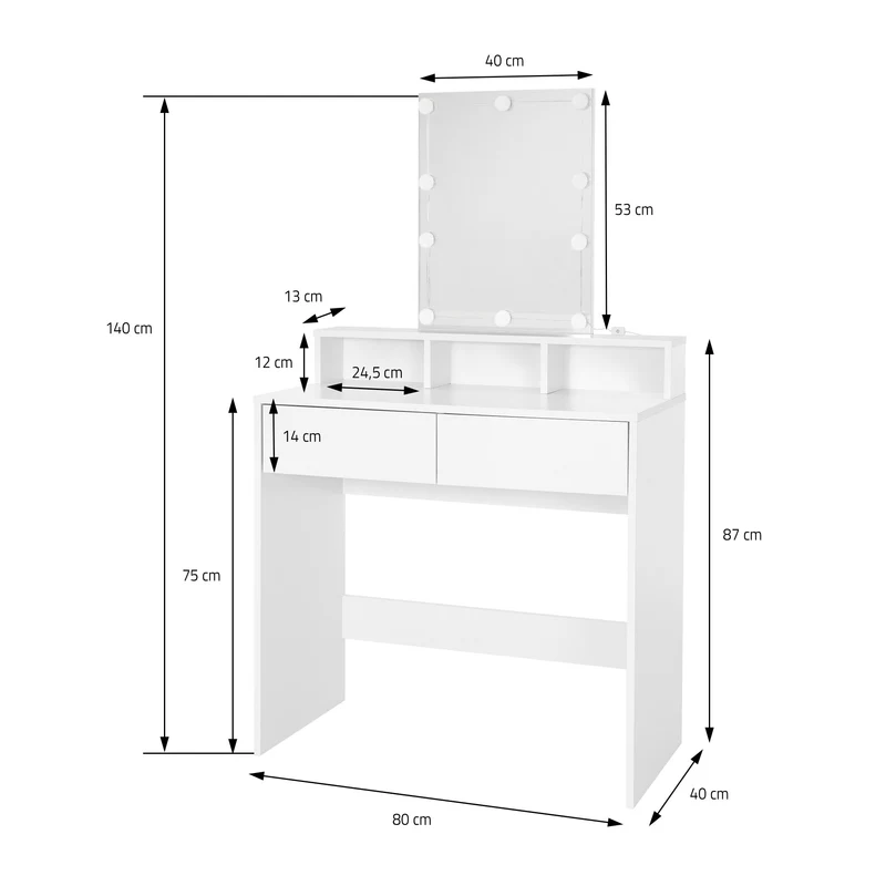 Schminktisch Frisiertisch 80x40x140 cm in Weiß mit LED-Beleuchtung, Spiegel, 2 Schubladen & 3 Fächer ML-Design