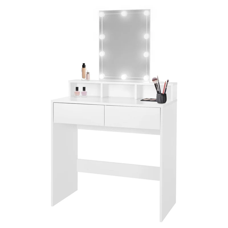Schminktisch Frisiertisch 80x40x140 cm in Weiß mit LED-Beleuchtung, Spiegel, 2 Schubladen & 3 Fächer ML-Design