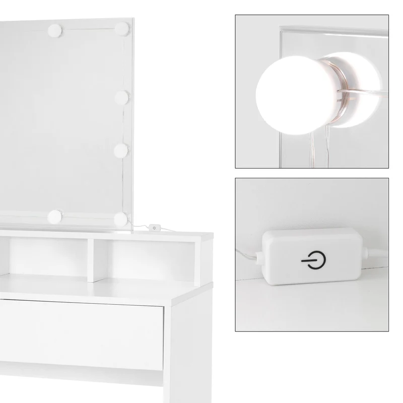 Schminktisch Frisiertisch 80x40x140 cm in Weiß mit LED-Beleuchtung, Spiegel, 2 Schubladen & Hocker ML-Design