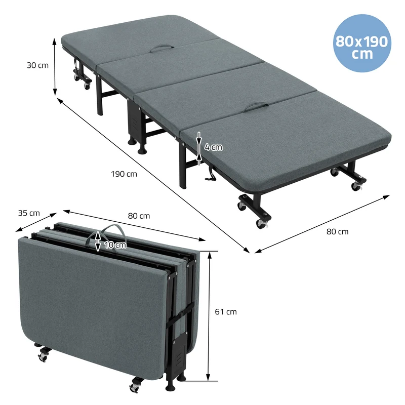 Klappbares Gästebett 80x190 cm mit Matratze rollbar für Kinder & Erwachsene bis 200kg belastbar