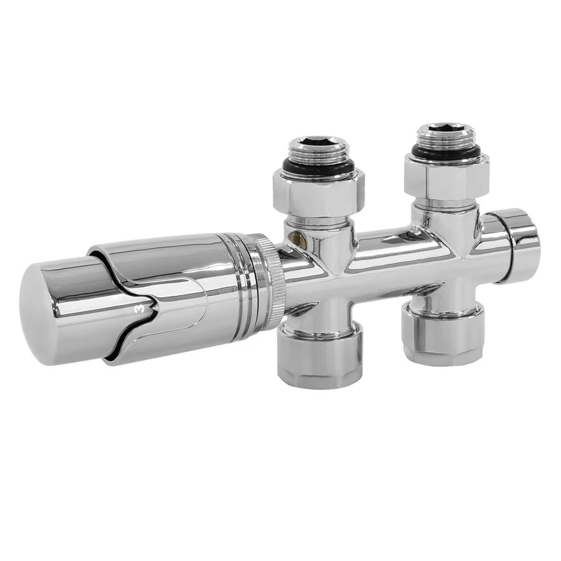 Ventil Armaturen Set Multiblock Chrome Durchgangsform inkl. Thermostatkopf LuxeBath