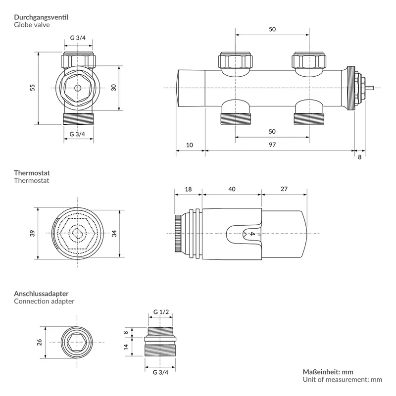 Ventil Armaturen Set Multiblock Chrome Durchgangsform inkl. Thermostatkopf LuxeBath