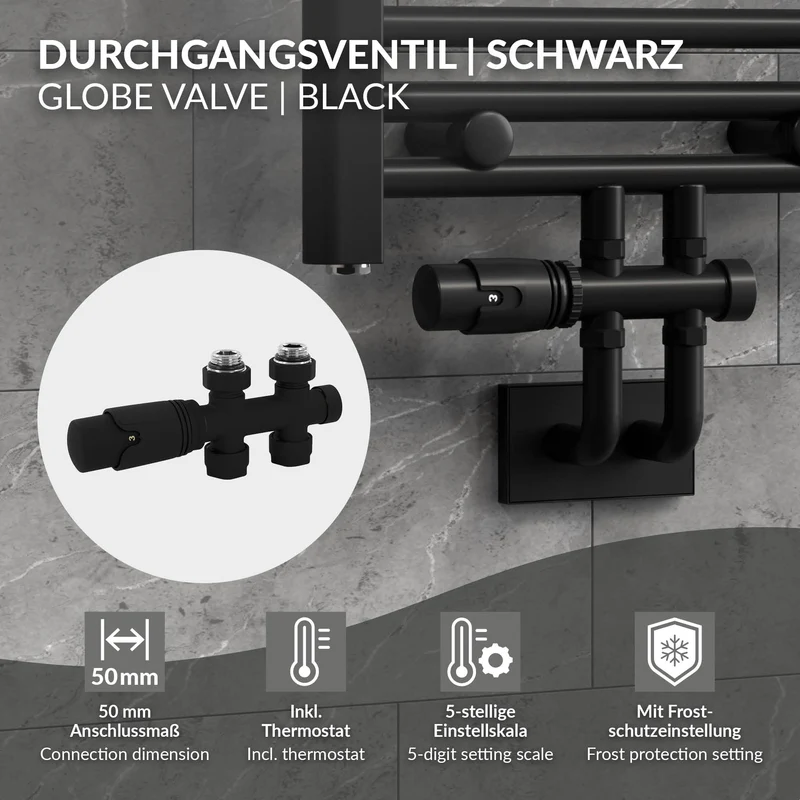 Ventil-Armaturen Set Multiblock Schwarz Durchgangsform inkl. Thermostatkopf LuxeBath