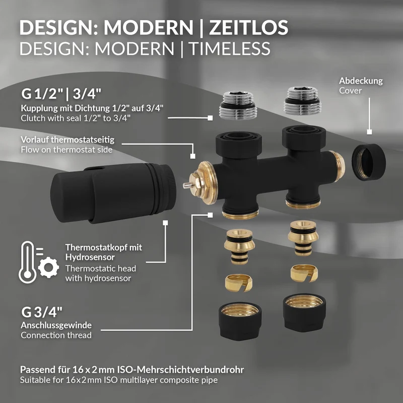 Ventil-Armaturen Set Multiblock Schwarz Durchgangsform inkl. Thermostatkopf LuxeBath