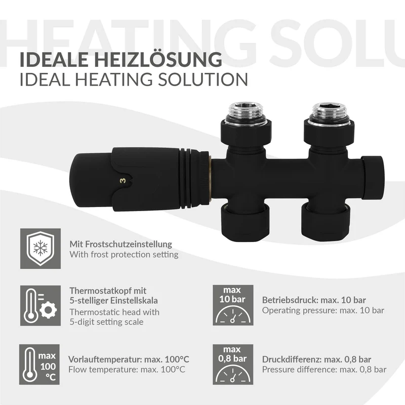 Ventil-Armaturen Set Multiblock Schwarz Durchgangsform inkl. Thermostatkopf LuxeBath