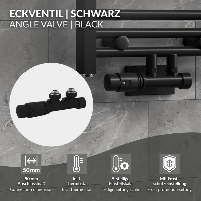 Ventil-Armaturen Set Multiblock Schwarz Eckform inkl. Thermostatkopf LuxeBath