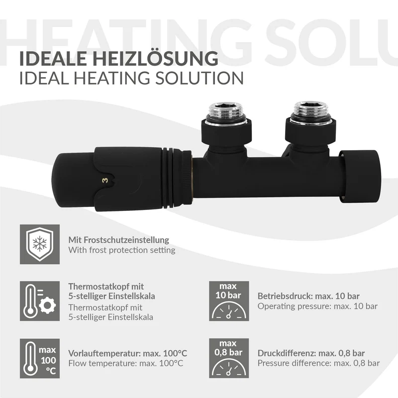 Ventil-Armaturen Set Multiblock Schwarz Eckform inkl. Thermostatkopf LuxeBath