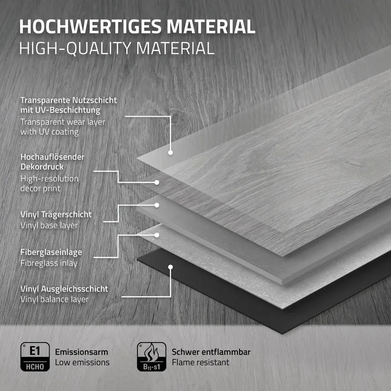 5er Set PVC Vinylboden Bodenbelag 7 Dielen 4,2mm für 1,54m² mit Klick-System Eiche Windswell Hickory ML-Design