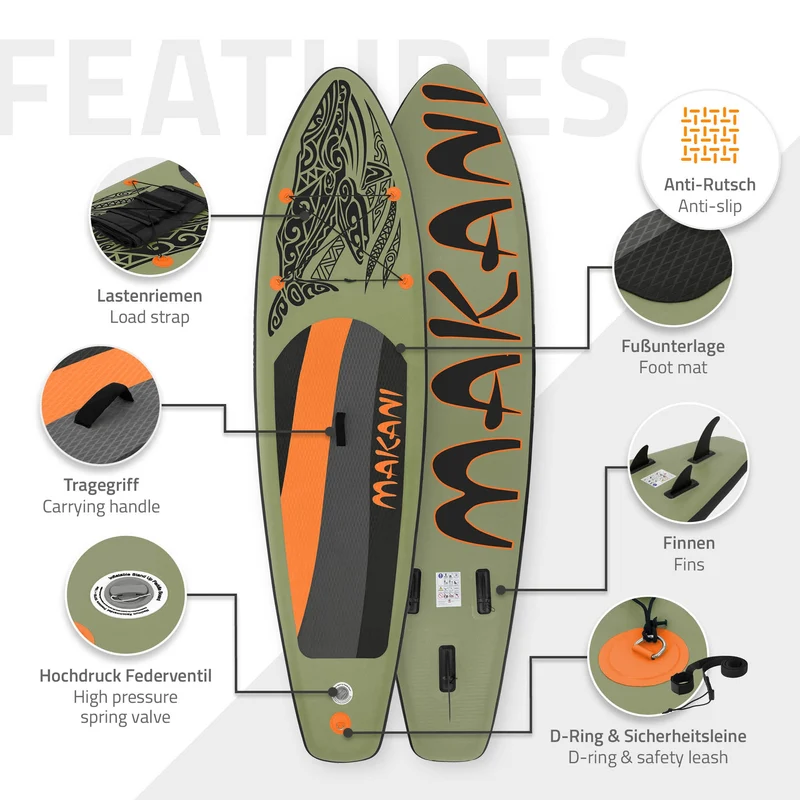 Stand Up Paddle aufblasbares SUP Board Makani 320x80x15 cm in Olive aus PVC inkl. Pumpe und Tragetasche
