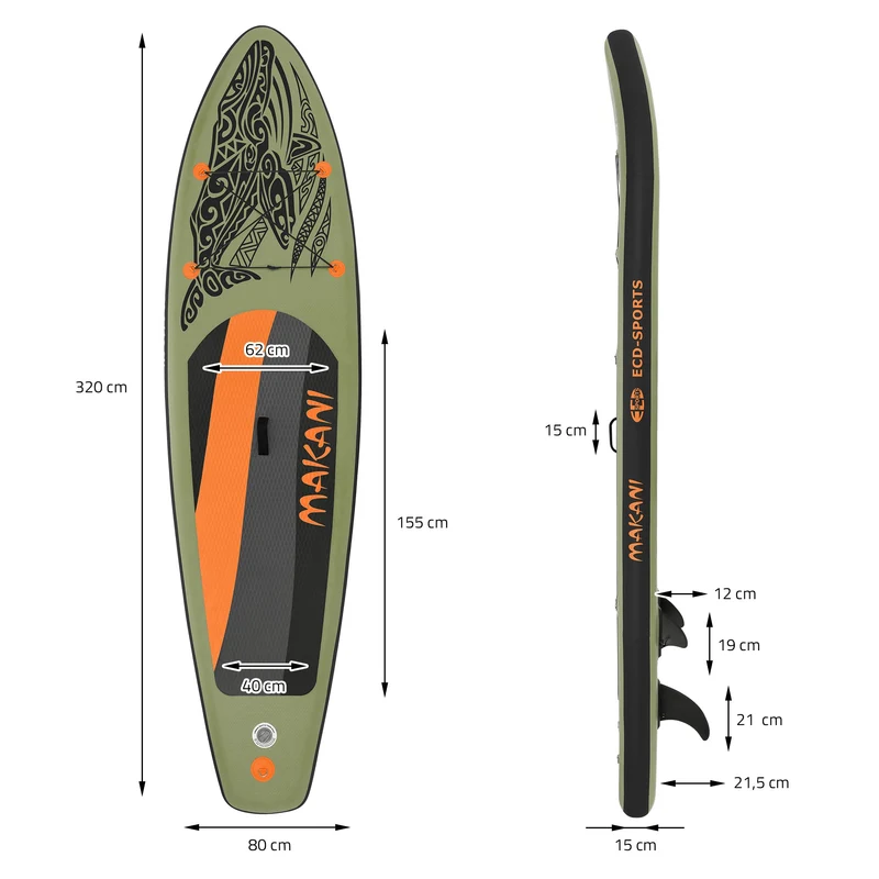 Stand Up Paddle aufblasbares SUP Board Makani 320x80x15 cm in Olive aus PVC inkl. Pumpe und Tragetasche