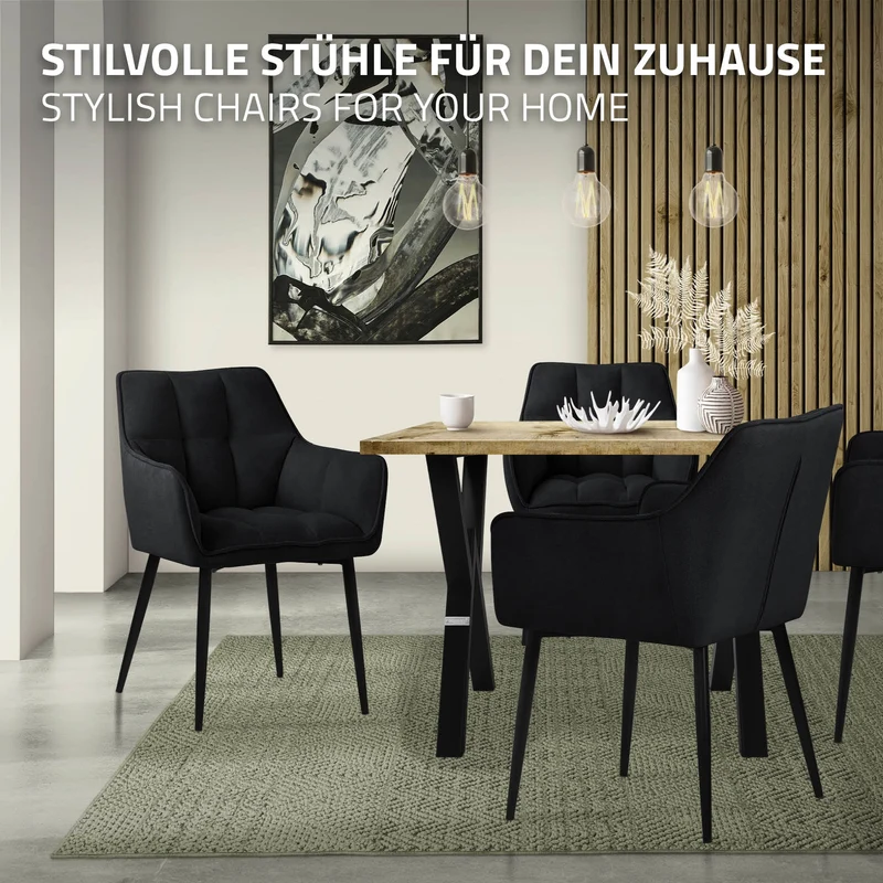 6er Set Esszimmerstuhl Schwarz aus Frotteestoff mit dickem gepolsterter Sitz ML-Design