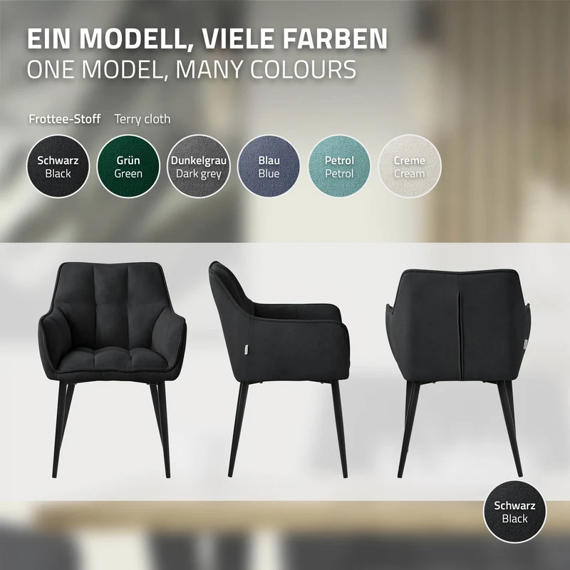6er Set Esszimmerstuhl Schwarz aus Frotteestoff mit dickem gepolsterter Sitz ML-Design