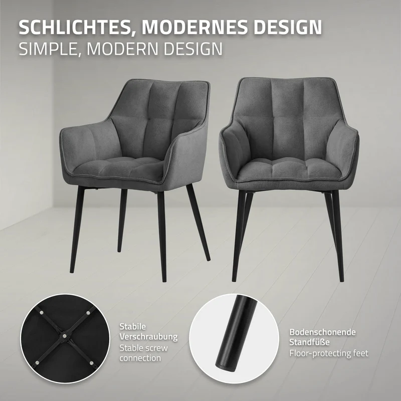 6er Set Esszimmerstuhl Dunkelgrau aus Frotteestoff mit dickem gepolsterter Sitz ML-Design