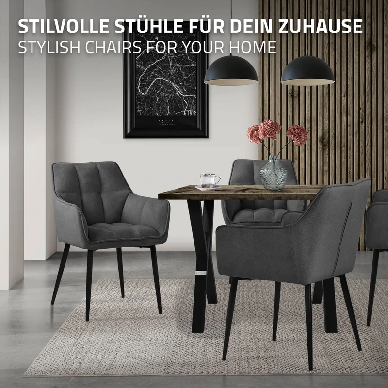 4er Set Esszimmerstuhl Dunkelgrau aus Frotteestoff mit dickem gepolsterter Sitz ML-Design