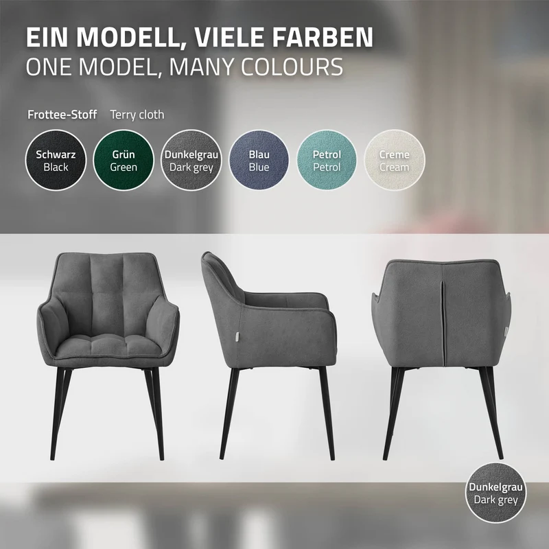 4er Set Esszimmerstuhl Dunkelgrau aus Frotteestoff mit dickem gepolsterter Sitz ML-Design