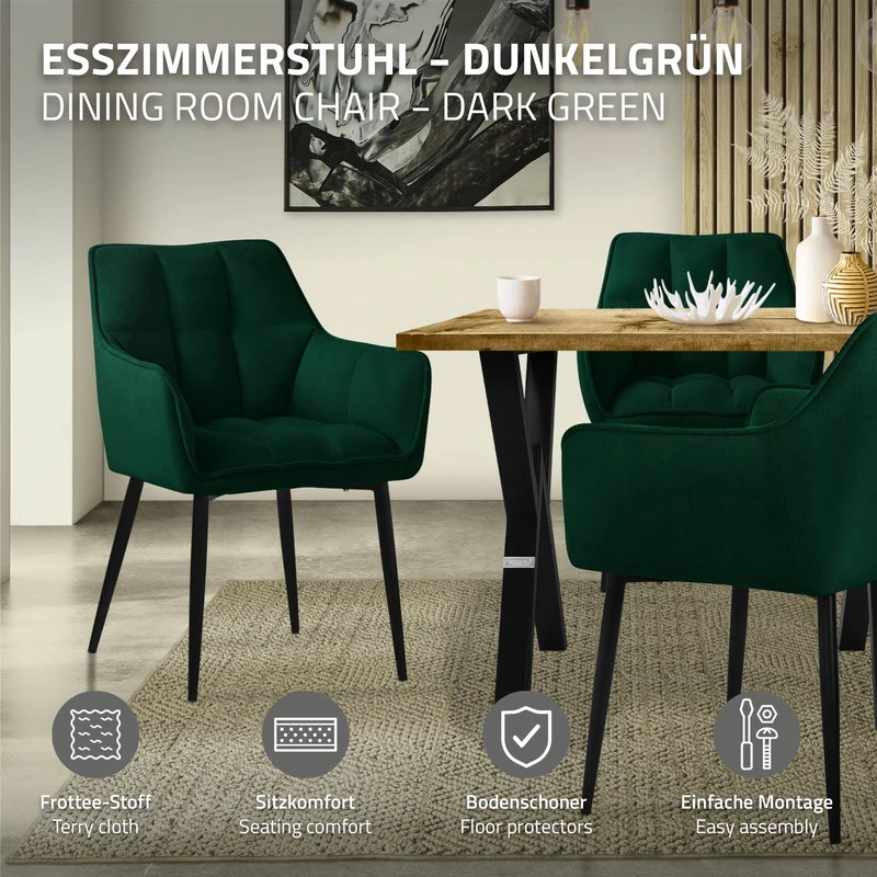 6er Set Esszimmerstuhl Dunkelgrün aus Frotteestoff mit dickem gepolsterter Sitz ML-Design
