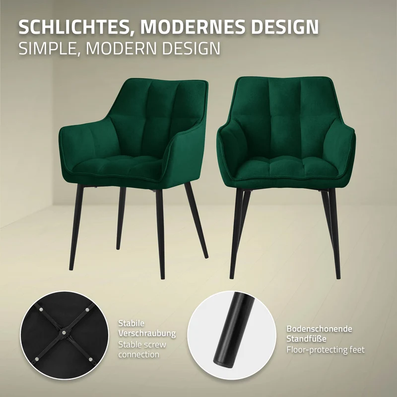 6er Set Esszimmerstuhl Dunkelgrün aus Frotteestoff mit dickem gepolsterter Sitz ML-Design