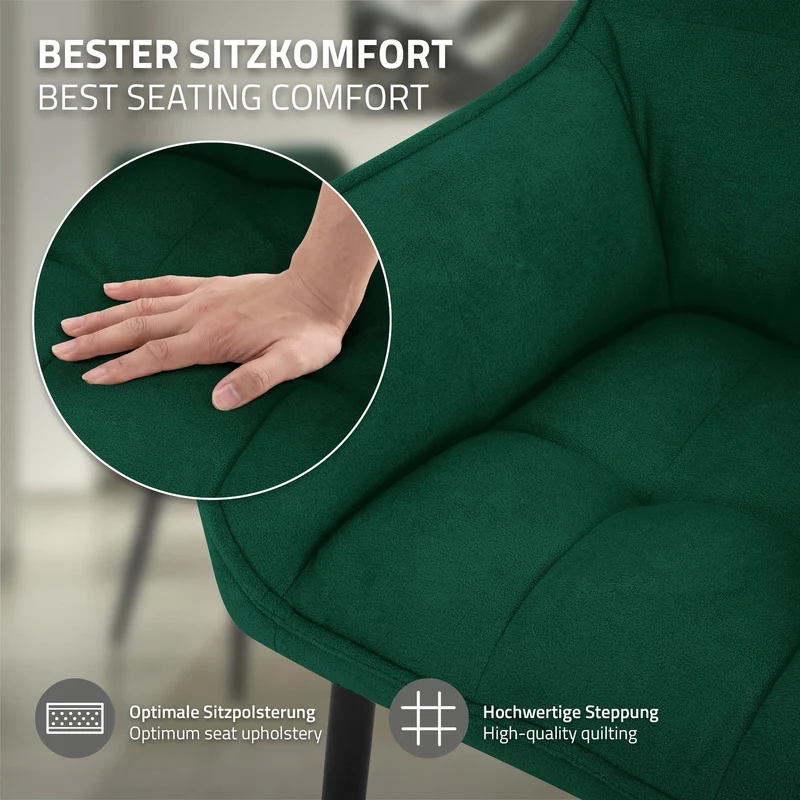 6er Set Esszimmerstuhl Dunkelgrün aus Frotteestoff mit dickem gepolsterter Sitz ML-Design
