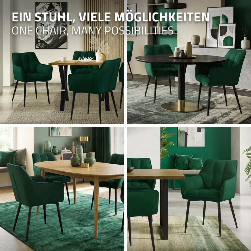 6er Set Esszimmerstuhl Dunkelgrün aus Frotteestoff mit dickem gepolsterter Sitz ML-Design