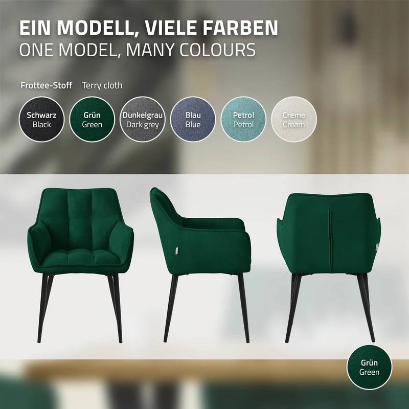 6er Set Esszimmerstuhl Dunkelgrün aus Frotteestoff mit dickem gepolsterter Sitz ML-Design