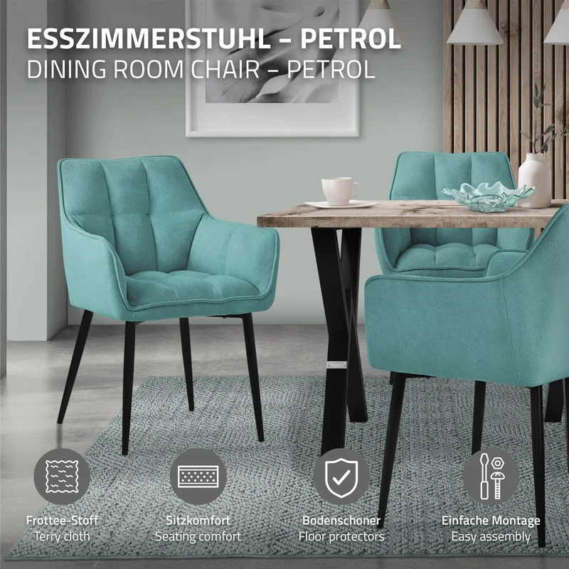 4er Set Esszimmerstuhl Petrol aus Frotteestoff mit dickem gepolsterter Sitz ML-Design