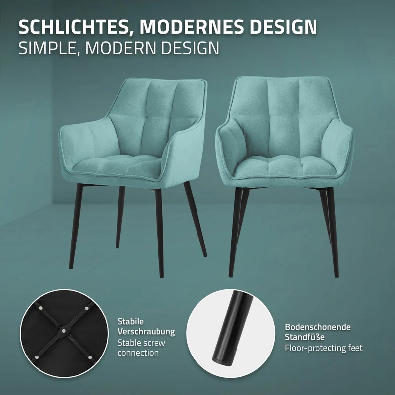 4er Set Esszimmerstuhl Petrol aus Frotteestoff mit dickem gepolsterter Sitz ML-Design