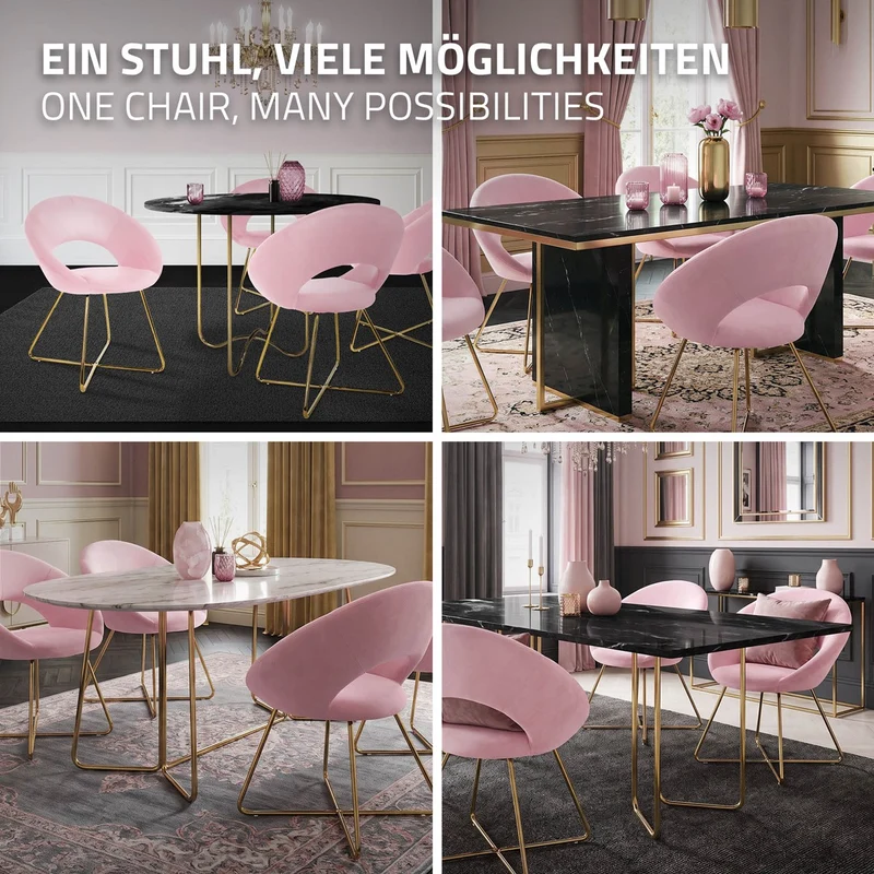 6er Set Esszimmerstuhl mit runder offener Rückenlehne Rosa aus Samt mit goldenen Metallbeinen ML-Design