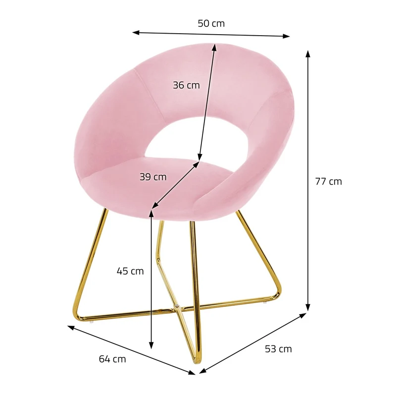 4er Set Esszimmerstuhl mit runder offener Rückenlehne Rosa aus Samt mit goldenen Metallbeinen ML-Design