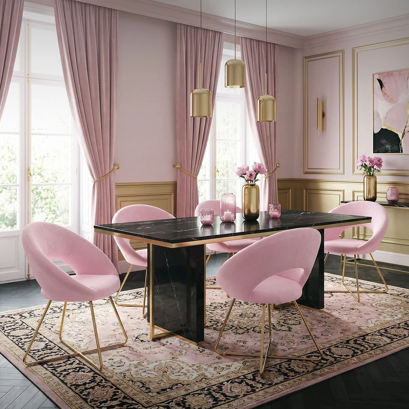 4er Set Esszimmerstuhl mit runder offener Rückenlehne Rosa aus Samt mit goldenen Metallbeinen ML-Design
