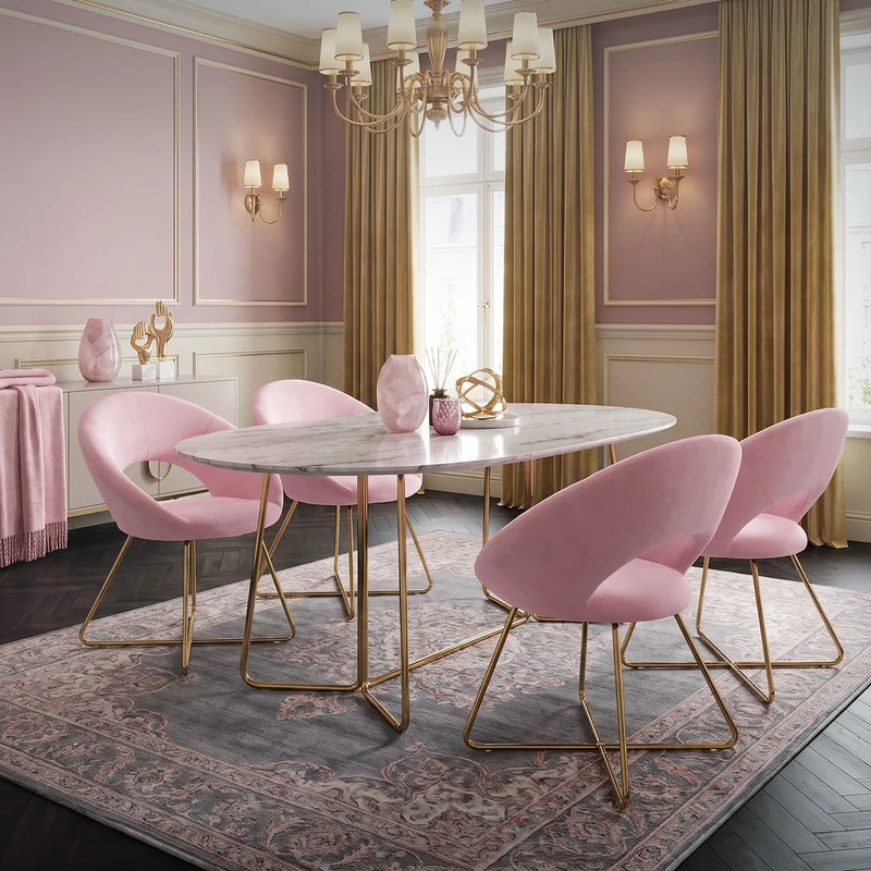 4er Set Esszimmerstuhl mit runder offener Rückenlehne Rosa aus Samt mit goldenen Metallbeinen ML-Design