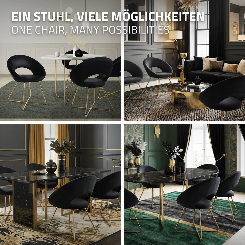 6er Set Esszimmerstuhl mit runder offener Rückenlehne Schwarz aus Samt mit goldenen Metallbeinen ML-Design