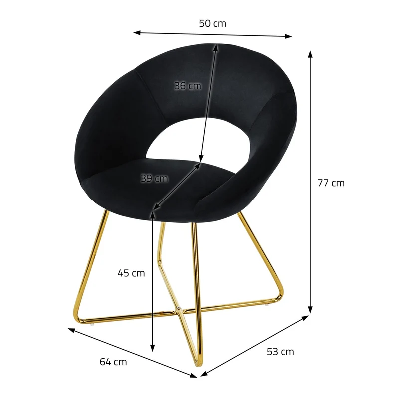 6er Set Esszimmerstuhl mit runder offener Rückenlehne Schwarz aus Samt mit goldenen Metallbeinen ML-Design