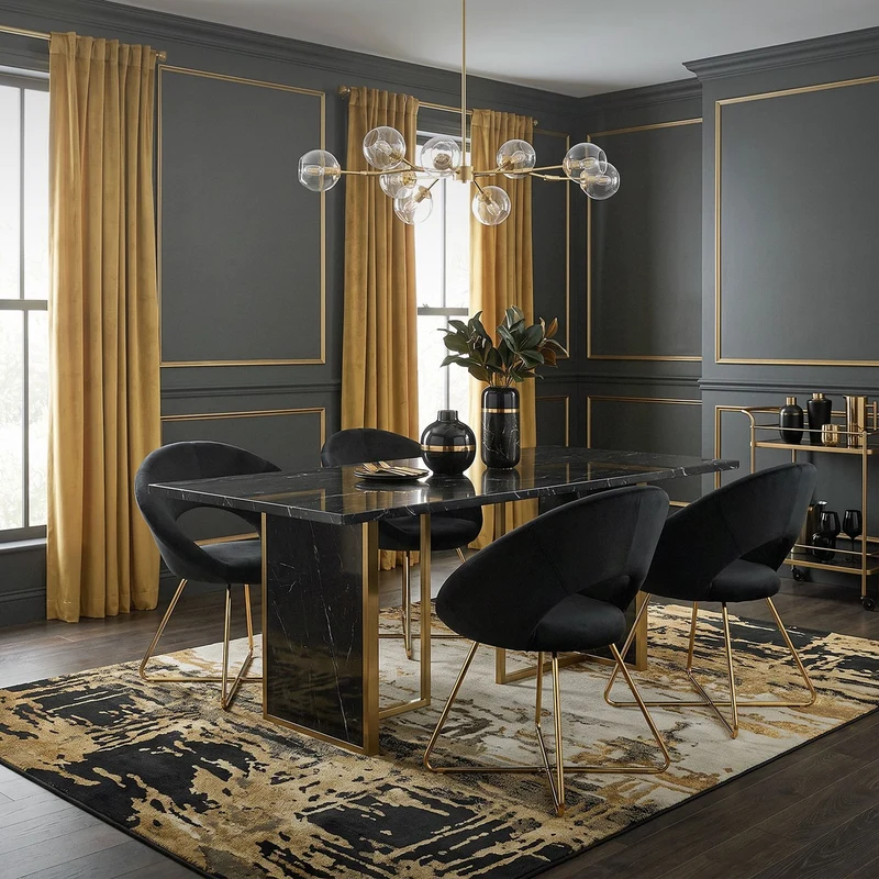 6er Set Esszimmerstuhl mit runder offener Rückenlehne Schwarz aus Samt mit goldenen Metallbeinen ML-Design