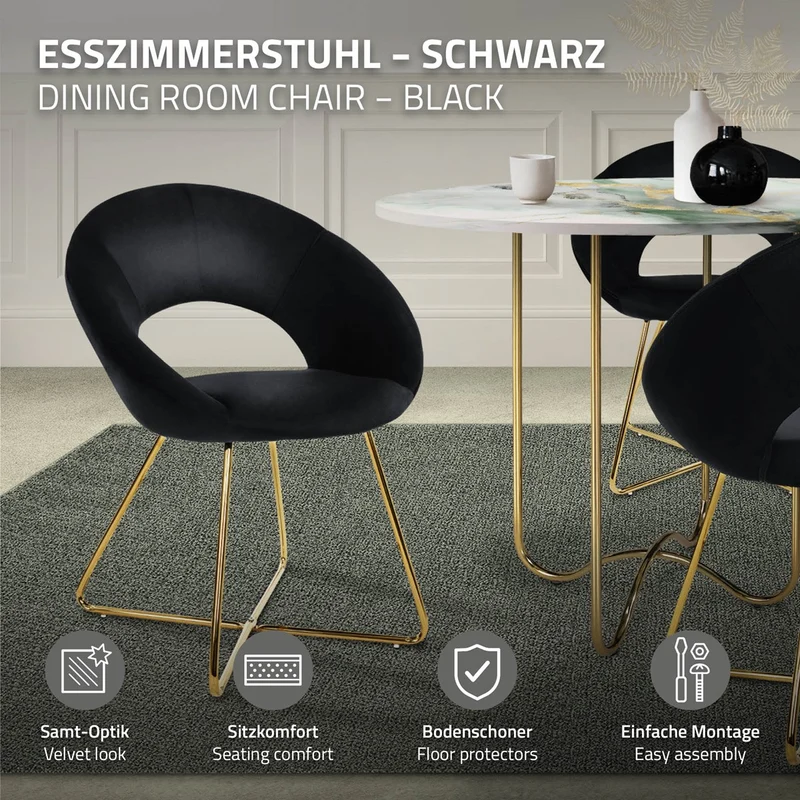 4er Set Esszimmerstuhl mit runder offener Rückenlehne Schwarz aus Samt mit goldenen Metallbeinen ML-Design