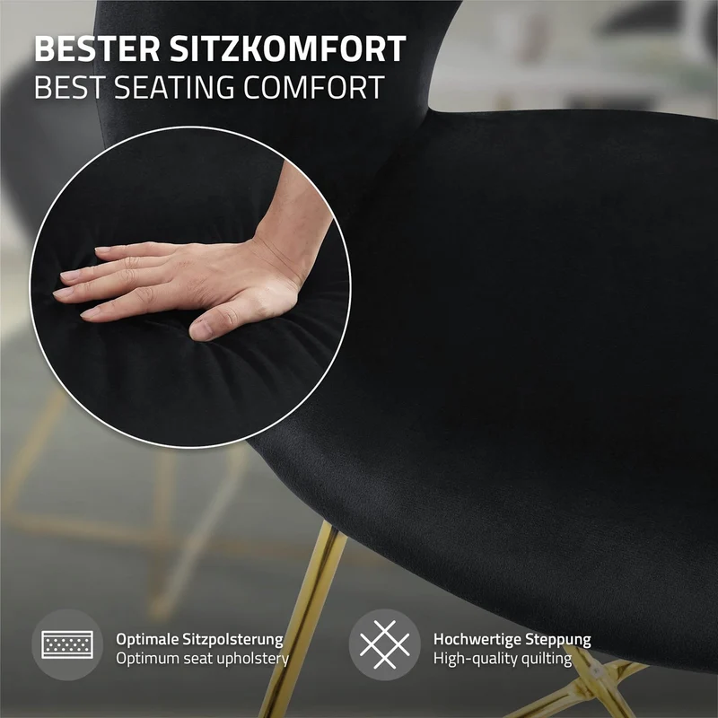 4er Set Esszimmerstuhl mit runder offener Rückenlehne Schwarz aus Samt mit goldenen Metallbeinen ML-Design