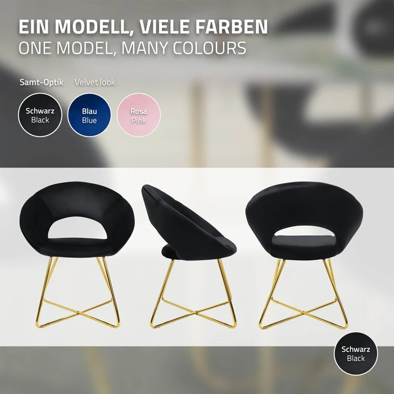 4er Set Esszimmerstuhl mit runder offener Rückenlehne Schwarz aus Samt mit goldenen Metallbeinen ML-Design