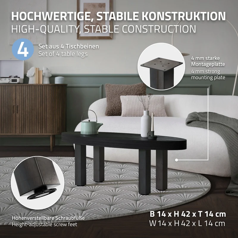 4er Set Tischbeine I-Design 42cm Industrial Tischgestell aus pulverbeschichteter Stahl, Profil 8x8cm, höhenverstellbare Möbelfüße ML-Design