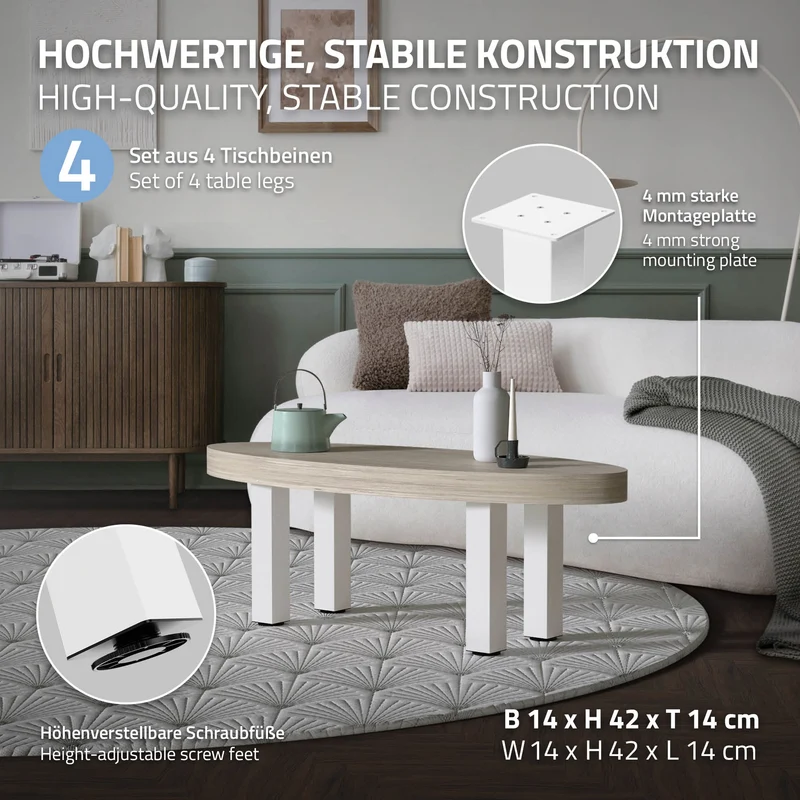 4er Set Tischbeine I-Design 42cm Weiß glänzend höhenverstellbare Tischgestell aus pulverbeschichteter Stahl, Profil 8x8cm, ML-Design