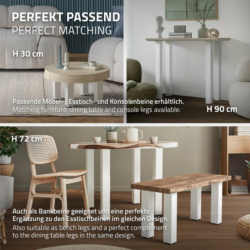4er Set Tischbeine I-Design 42cm Weiß glänzend höhenverstellbare Tischgestell aus pulverbeschichteter Stahl, Profil 8x8cm, ML-Design