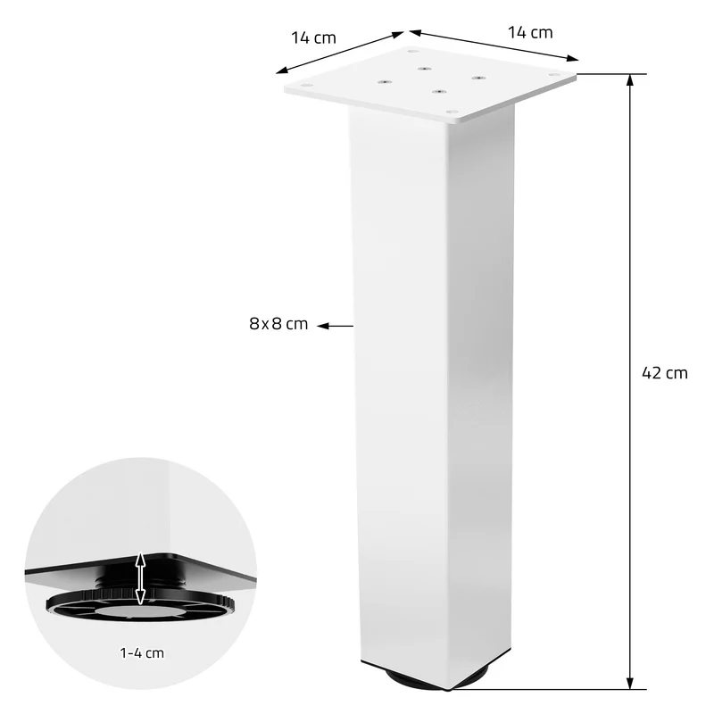 4er Set Tischbeine I-Design 42cm Weiß glänzend höhenverstellbare Tischgestell aus pulverbeschichteter Stahl, Profil 8x8cm, ML-Design