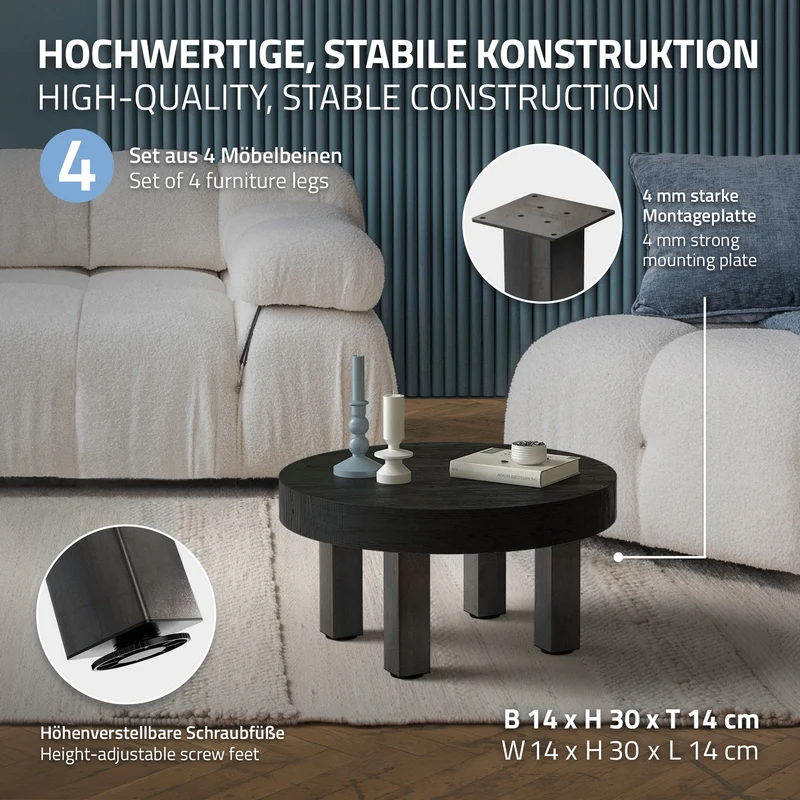 4er Set Tischbeine I-Design 30cm Industrial Tischgestell aus pulverbeschichteter Stahl, Profil 8x8cm, höhenverstellbare Möbelfüße ML-Design