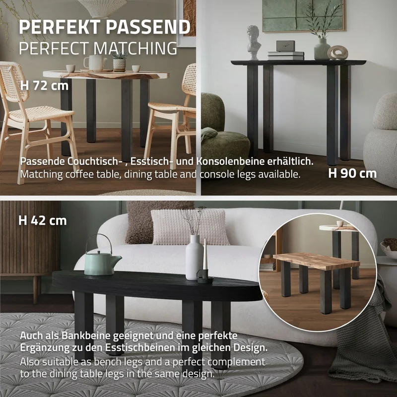 4er Set Tischbeine I-Design 30cm Industrial Tischgestell aus pulverbeschichteter Stahl, Profil 8x8cm, höhenverstellbare Möbelfüße ML-Design