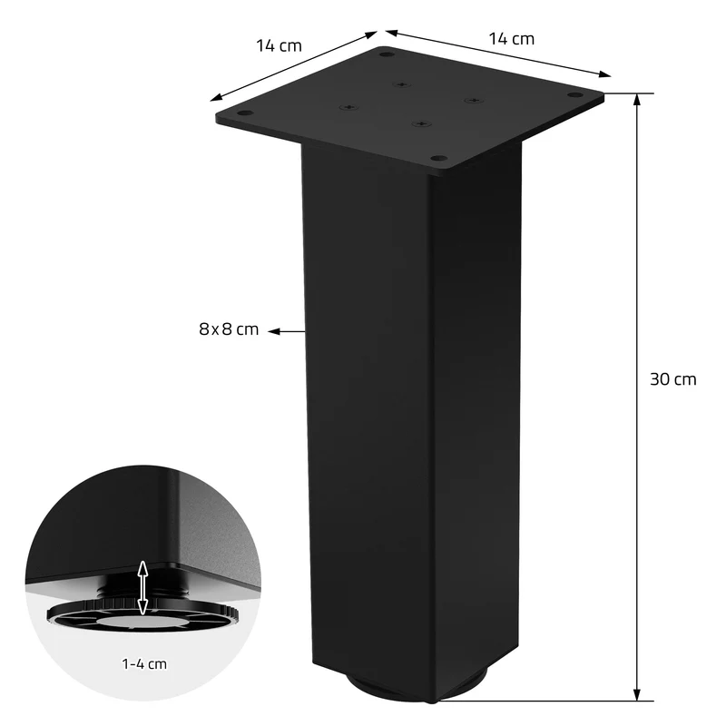 4er Set Tischbeine I-Design 30 cm Schwarz Tischgestell aus pulverbeschichteter Stahl, Profil 8x8 cm, höhenverstellbare Möbelfüße ML-Design
