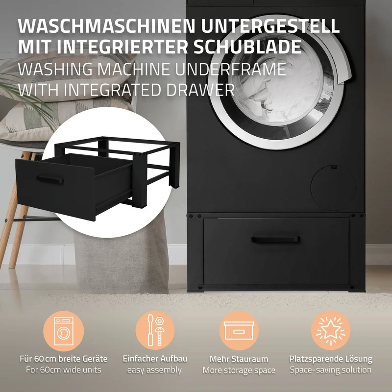 Waschmaschinen Untergestell Unterschrank 63x54x31 cm mit Schublade in Schwarz ML-Design