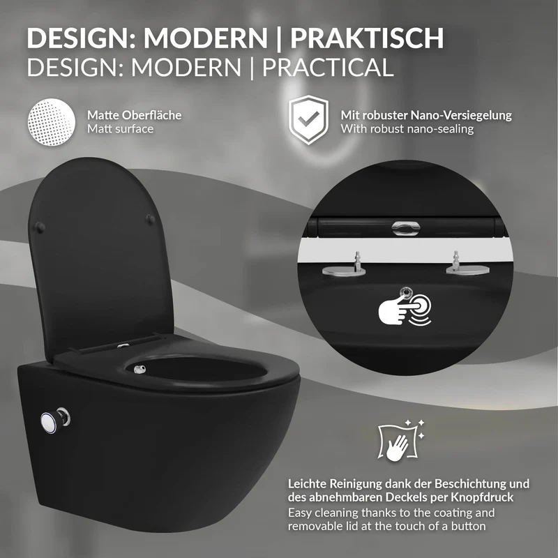 Wand-WC Hänge Toilette aus Keramik Matt Schwarz 54 cm lang Spülrandlos mit Bidet, Nanoversiegelung & Softclose Luxebath
