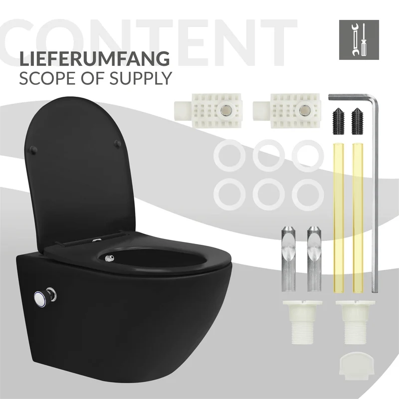 Wand-WC Hänge Toilette aus Keramik Matt Schwarz 54 cm lang Spülrandlos mit Bidet, Nanoversiegelung & Softclose Luxebath