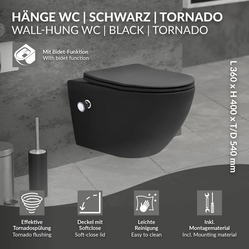 Wand-WC Hänge Toilette aus Keramik Matt Schwarz 54 cm lang Spülrandlos mit Bidet & Softclose Luxebath