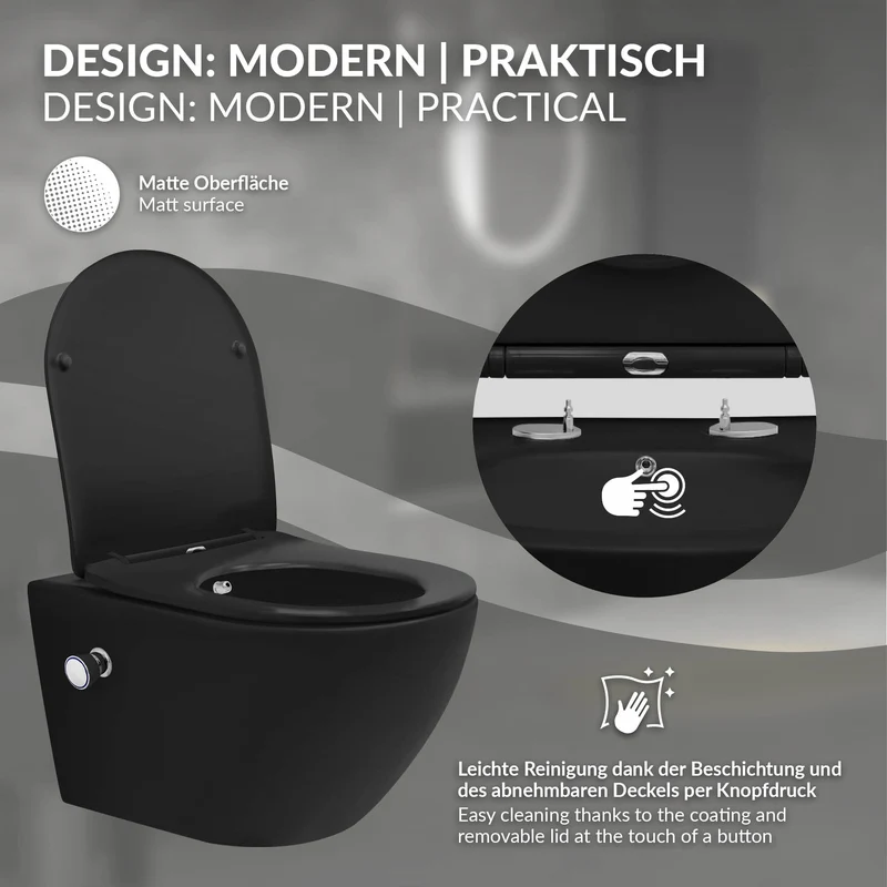 Wand-WC Hänge Toilette aus Keramik Matt Schwarz 54 cm lang Spülrandlos mit Bidet & Softclose Luxebath
