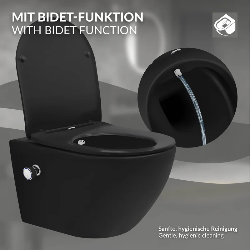 Wand-WC Hänge Toilette aus Keramik Matt Schwarz 54 cm lang Spülrandlos mit Bidet & Softclose Luxebath