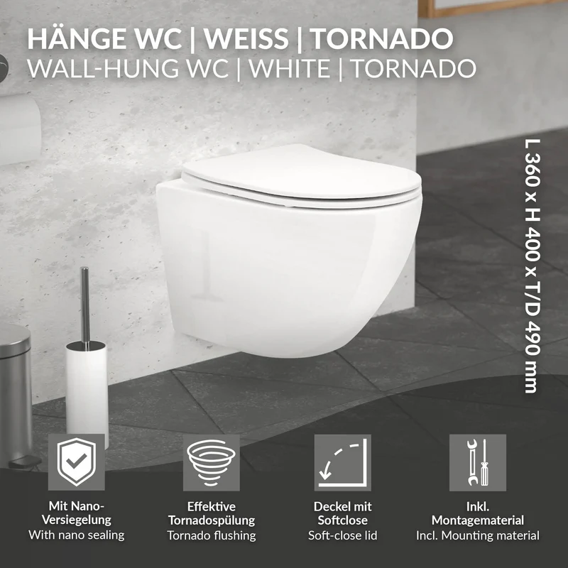 Wand-WC Hänge Toilette aus Keramik 49 cm kurz Spülrandlos mit Nanoversiegelung & Softclose Luxebath